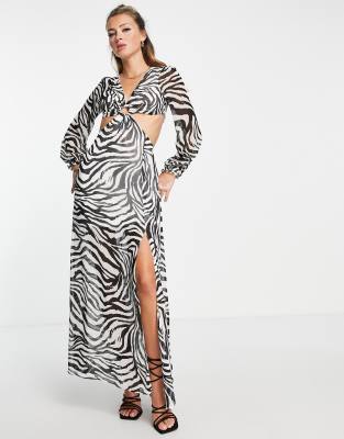 Miss Selfridge Chiffon Cut Out Maxi Dress In Mono Zebra Print-black