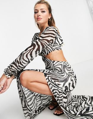 Pastel Zebra Print Maxi Dress with Front Slit