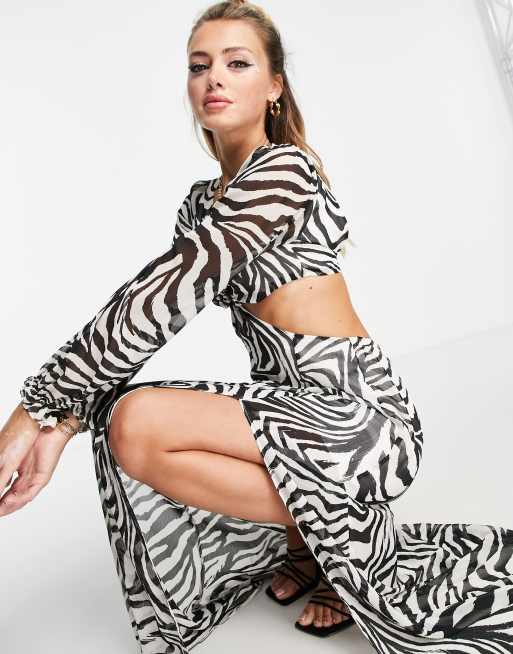 Miss Selfridge chiffon cut out maxi dress in mono zebra print