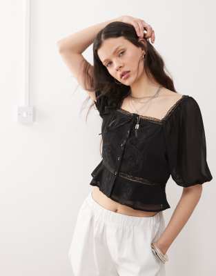 Miss Selfridge Chiffon Embroidered Prairie Blouse In Black