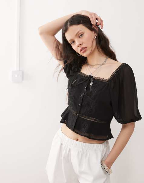 Miss Selfridge chiffon embroidered prairie blouse in black - view 1