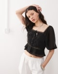 [Miss Selfridge] Miss Selfridge chiffon embroidered prairie blouse in black 10 Black