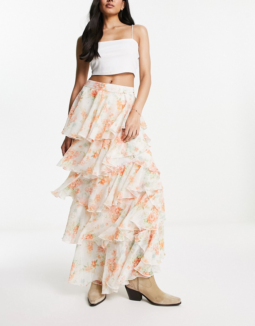 Miss Selfridge chiffon festival boho tiered maxi skirt in floral-Multi