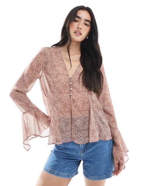 Miss Selfridge chiffon flare sleeve button up blouse in paisley - view 1