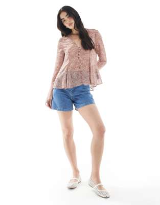 Miss Selfridge Chiffon Flare Sleeve Button Up Blouse In Pink