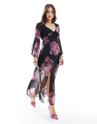 Miss Selfridge Chiffon Flared Sleeve Godet Maxi Dress In Blurred Floral-multi