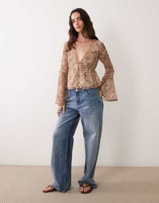Miss Selfridge chiffon fluted sleeve blouse in animal print, 2 of 4