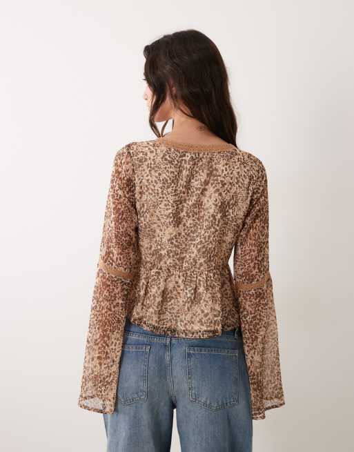 Miss Selfridge chiffon fluted sleeve blouse in animal print, 3 of 4