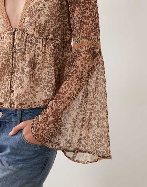 Miss Selfridge chiffon fluted sleeve blouse in animal print, 4 of 4