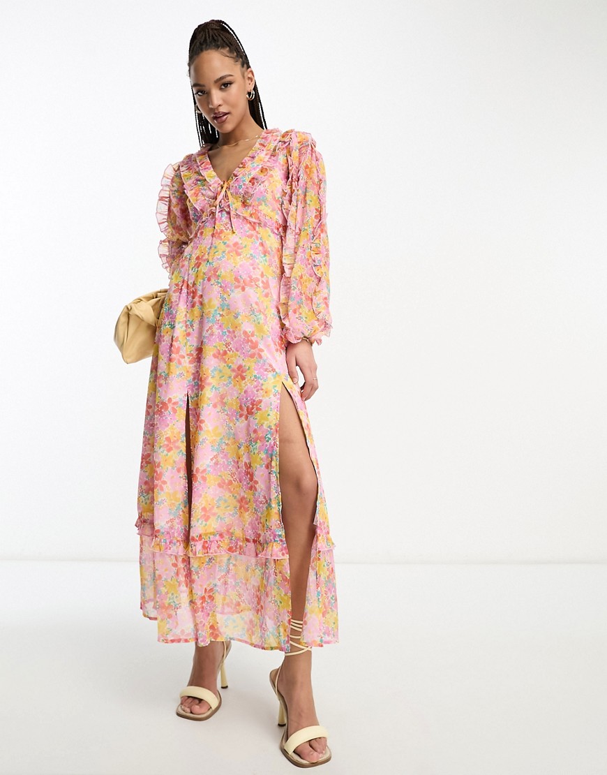 Miss Selfridge chiffon frill detail maxi dress in bright ditsy floral-Multi