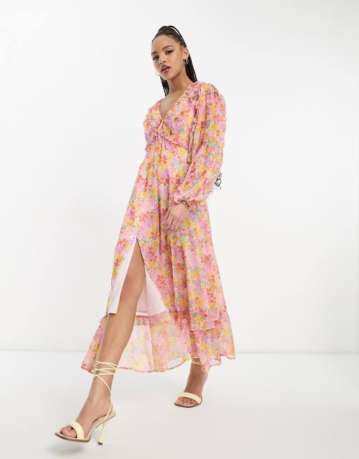 Miss Selfridge chiffon frill detail maxi dress in bright ditsy floral