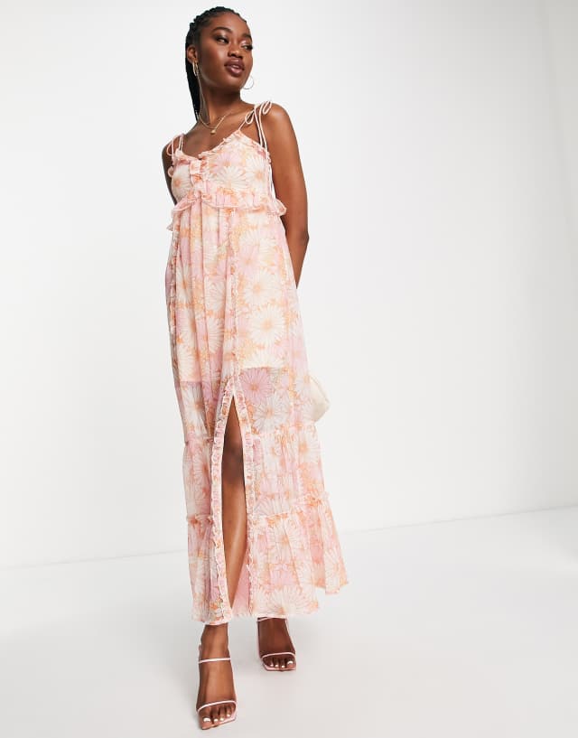 Miss Selfridge chiffon frill detail maxi slip dress in orange retro floral