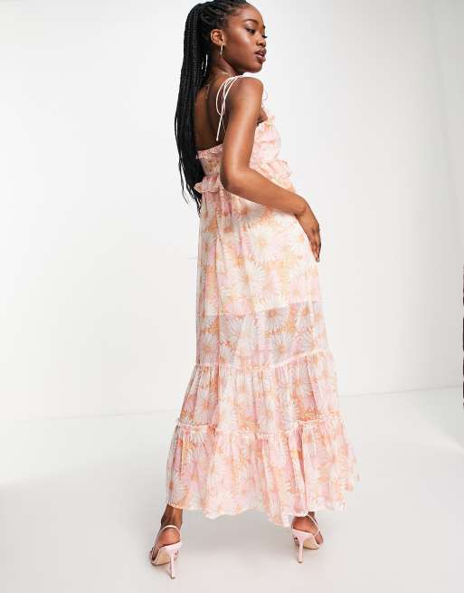 Floral Strappy Frill Detail Maxi Dress