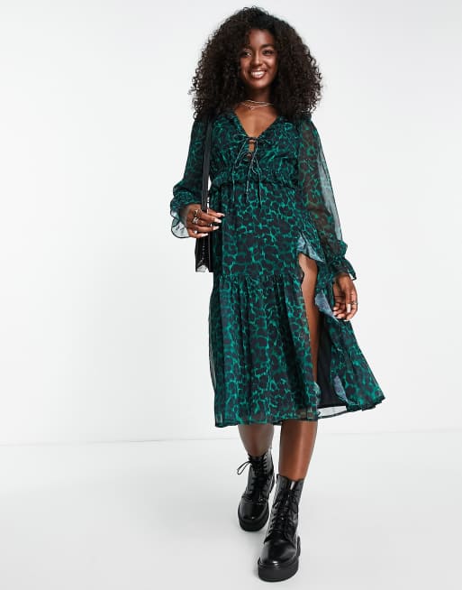 Monki long sleeve dress in green leopard print with slit