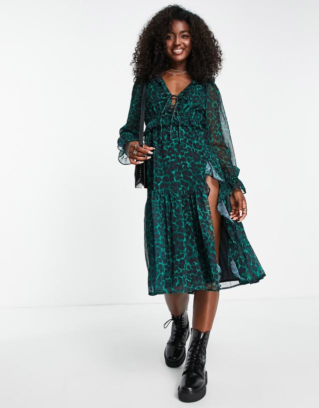 Miss Selfridge chiffon frill detail midi dress in green animal