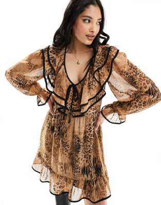 Miss Selfridge chiffon frill detail mini dress in leopard