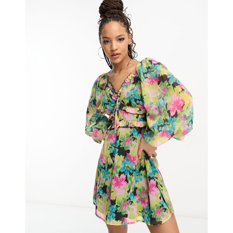 Miss Selfridge chiffon frill detail tiered mini dress in bright blurred floral