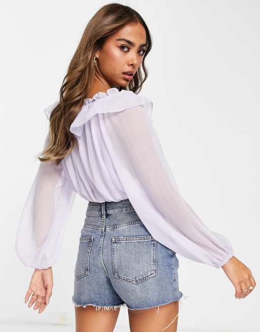 Scoop Neck Flounce Sleeve Blouse - Lilac / S