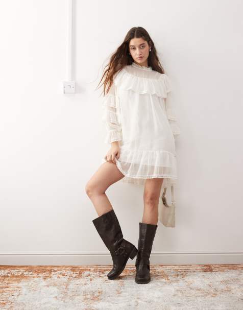 Miss Selfridge chiffon frill smock dress in ivory - view 1