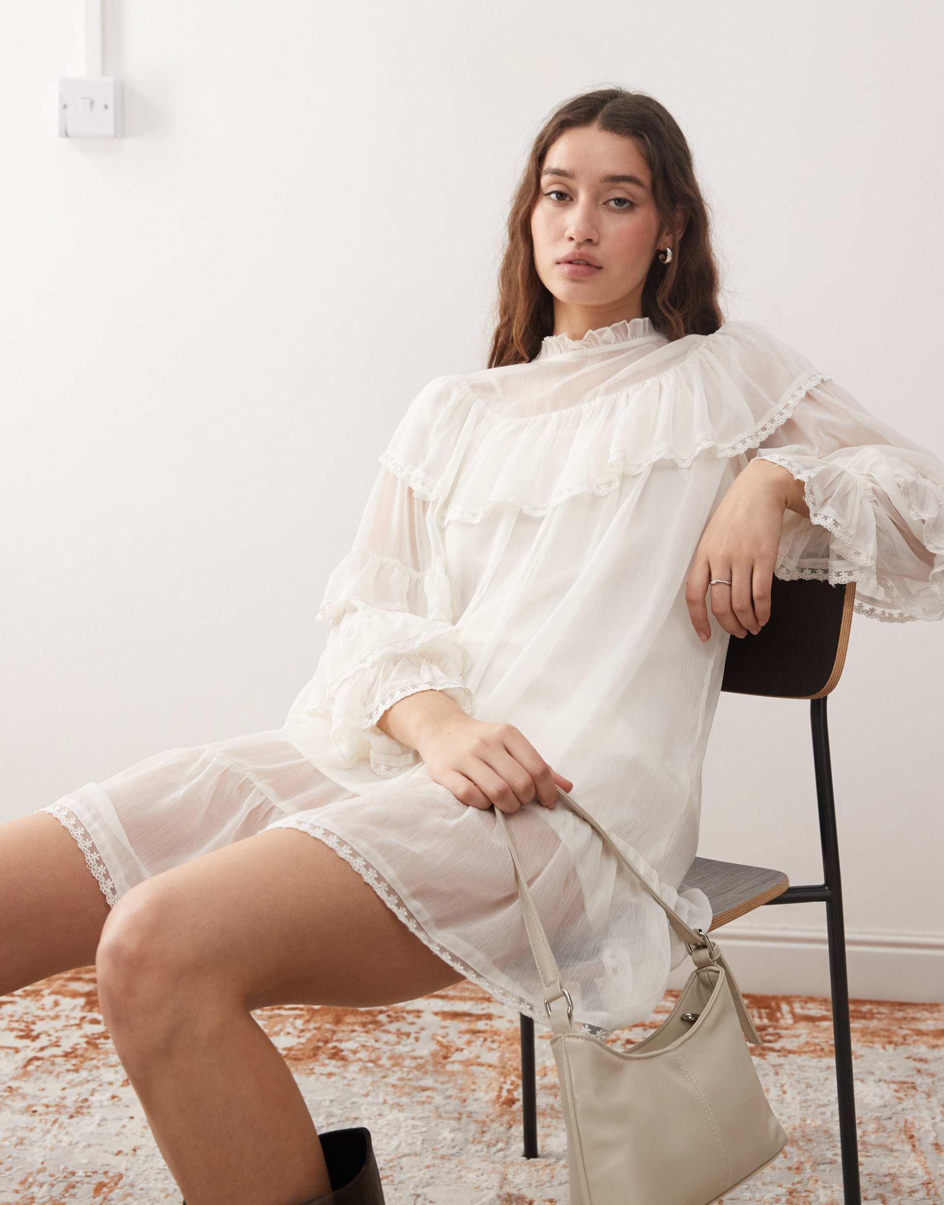 miss selfridge chiffon frill smock dress in ivory