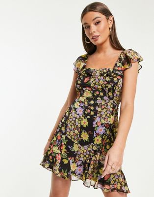Miss Selfridge chiffon frill strap mini dress in black patchwork floral