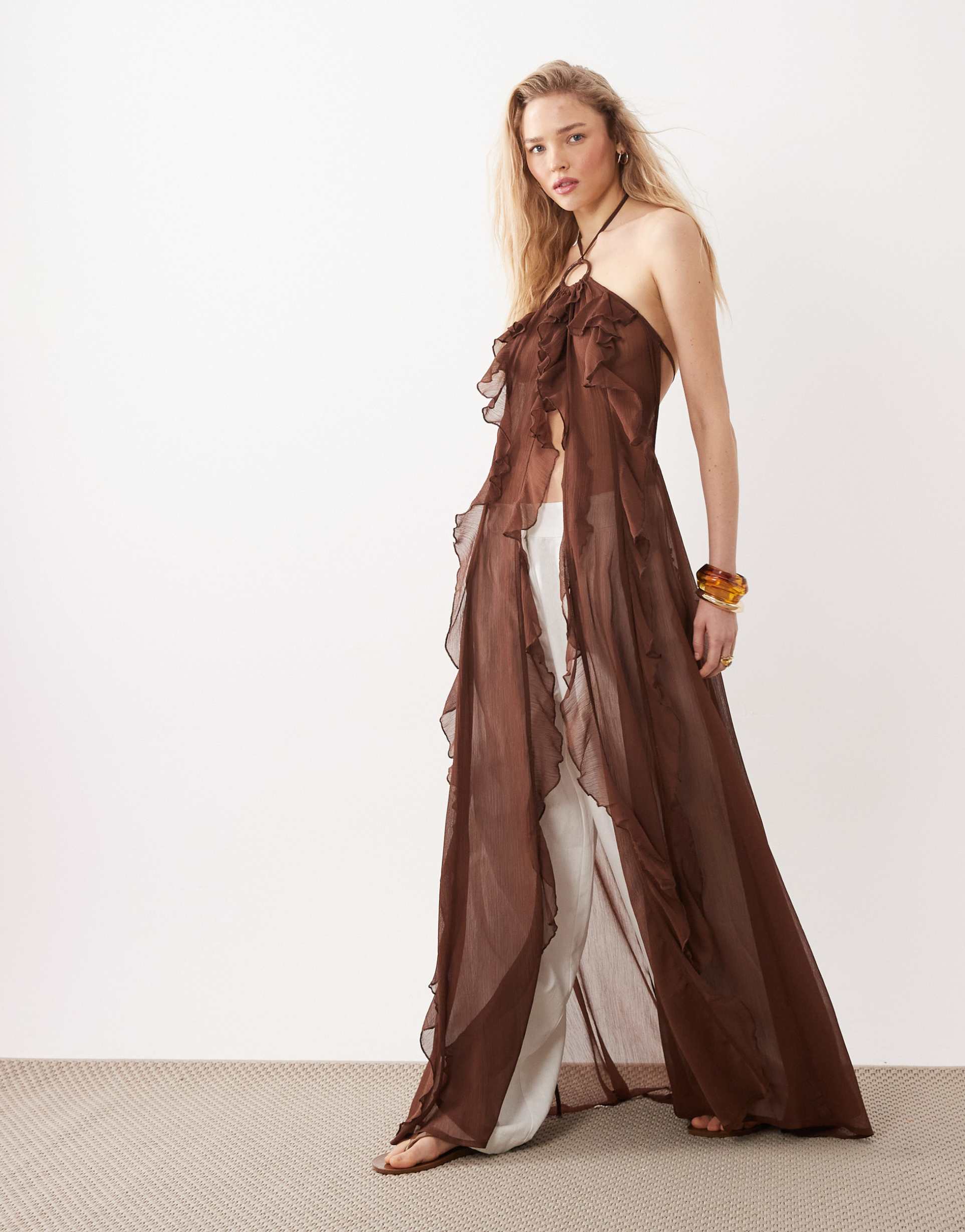 miss selfridge chiffon halterneck ring detail ruffled maxi length beach cover up in chocolate