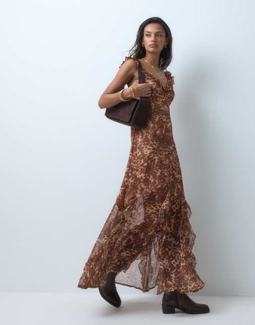 Miss Selfridge chiffon kjole med flæser og smalle stropper i dyreprint, 4 af 5