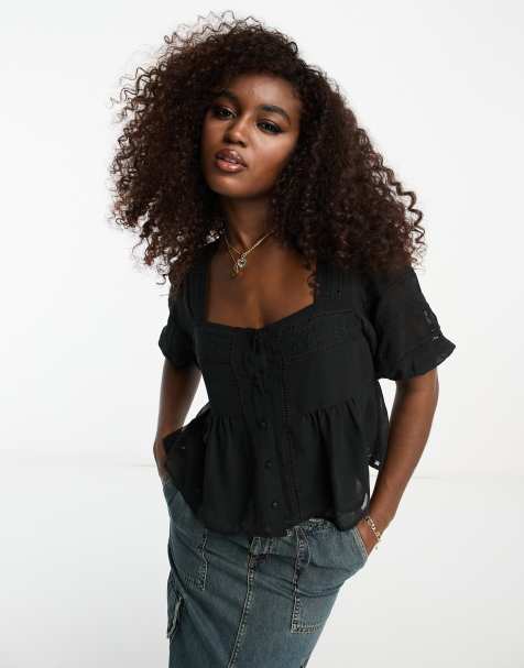 Miss Selfridge chiffon lace insert blouse in black with embroidery  - view 1