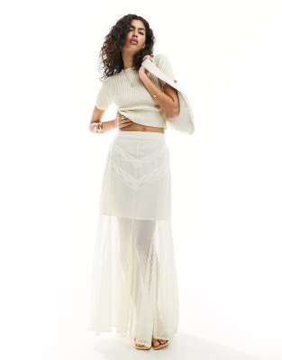 chiffon lace insert godet maxi skirt in cream-Black