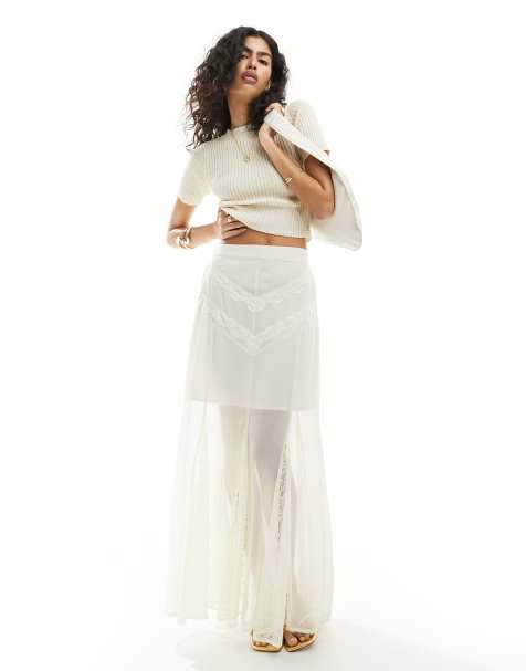 Miss Selfridge chiffon lace insert godet maxi skirt in cream - view 1
