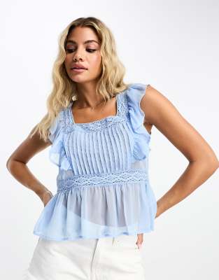 Miss Selfridge Chiffon Lace Insert Pintuck Cami Top In Blue