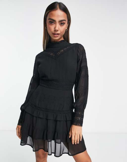 Miss Selfridge chiffon lace insert victoriana mini dress in black | ASOS