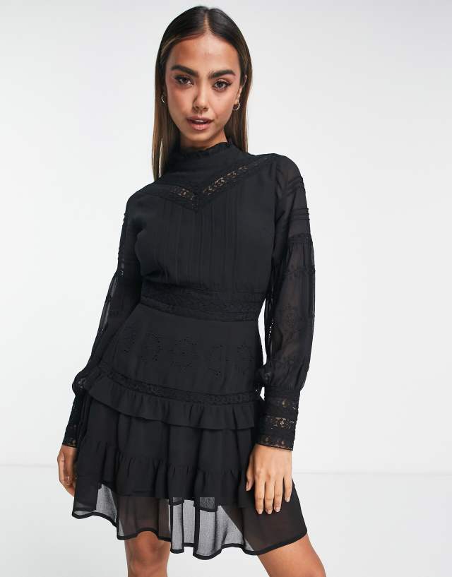 Miss Selfridge chiffon lace insert victoriana mini dress in black