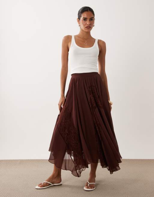 Miss Selfridge chiffon-lace mix handkerchief hem midaxi skirt in