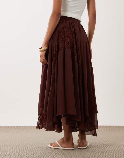 Miss Selfridge chiffon lace mix hanky hem maxi skirt in chocolate, 2 of 5