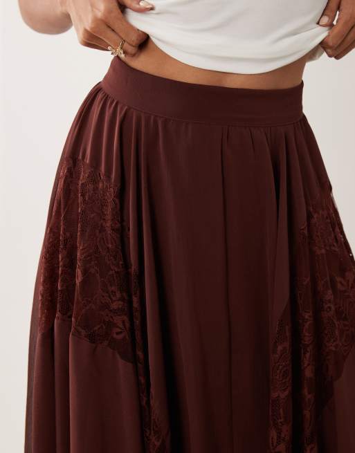 Miss Selfridge chiffon lace mix hanky hem maxi skirt in chocolate, 4 of 5