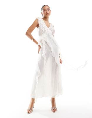 Miss Selfridge Chiffon Lace Mix Ruffle Detail Maxi Dress In Ivory-white