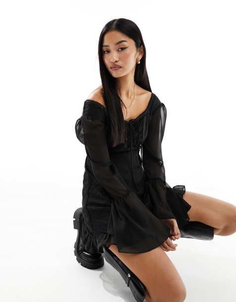 Short black flowy long sleeve outlet dress