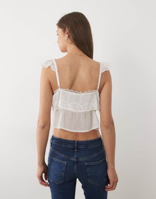Miss Selfridge chiffon lace trim tie front cami in ivory, 2 of 4