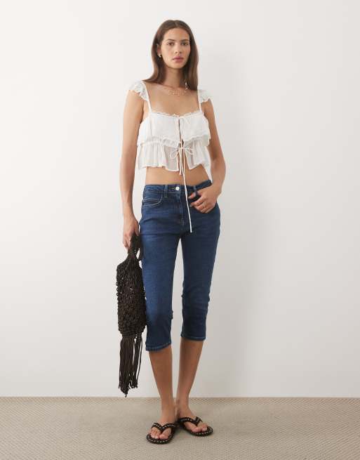 Miss Selfridge chiffon lace trim tie front cami in ivory, 3 of 4