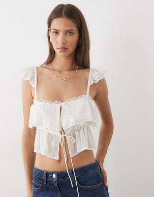 Miss Selfridge Chiffon Lace Trim Tie Front Cami Top In White