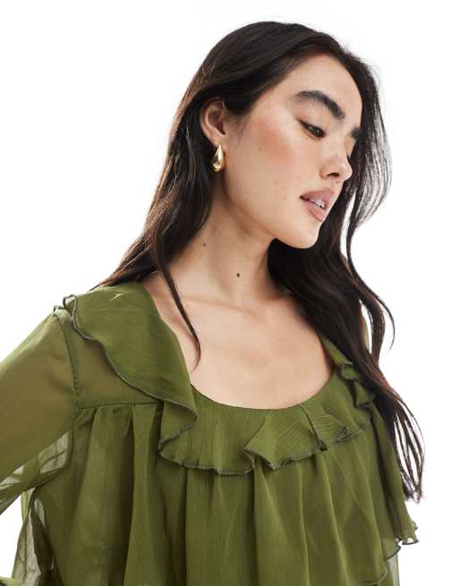 Miss Selfridge chiffon layered tie front top in olive, 2 of 4