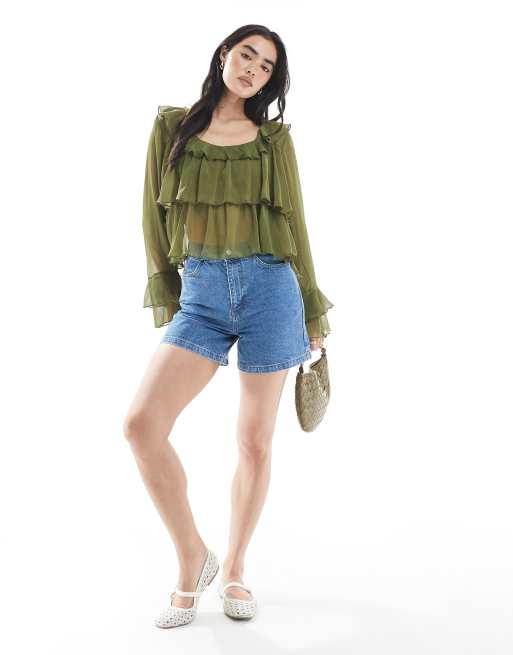 Miss Selfridge chiffon layered tie front top in olive, 3 of 4