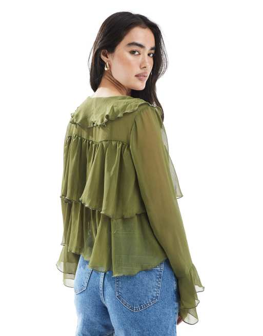 Miss Selfridge chiffon layered tie front top in olive, 4 of 4