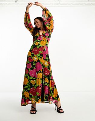 Miss Selfridge Chiffon Long Sleeve Maxi Dress In Dark Floral-multi