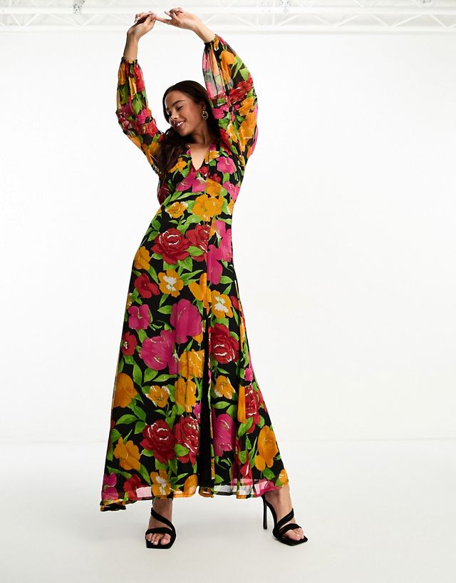 Miss Selfridge chiffon long sleeve maxi dress in dark floral