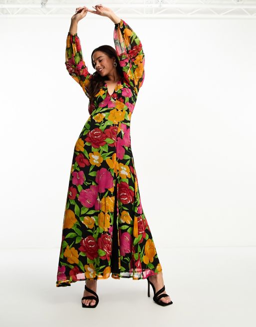 Floral print v neck long sleeve hot sale maxi dress