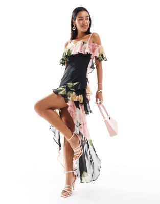 Miss Selfridge - Chiffon-Maxikleid im Bardot-Stil mit großflächigem Blumenmuster und asymmetrischem Saum-Schwarz