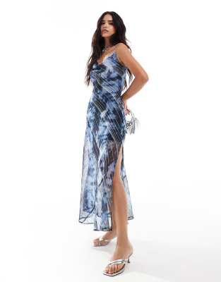 chiffon metallic cowl neck maxi slip dress in blurred floral print-Blue