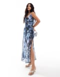 [Miss Selfridge] Miss Selfridge chiffon metallic cowl neck maxi slip dress in blurred floral print-Blue 6 Blurred floral print